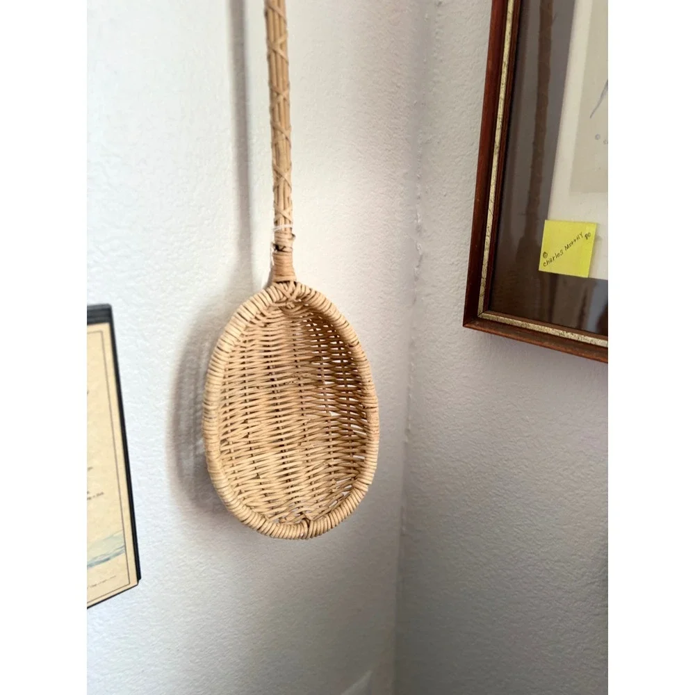 Vintage Wicker Wall Hanging Basket Long Handle Scoop Spoon Boho  Decor Natural